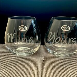 Abbott Clear Stemless Wine/Drink Glasses - Set of 2, yours mine etched glass